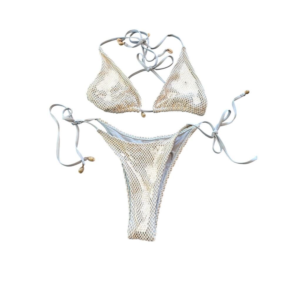 Women XL Light Blue Triangle String Bikini Fishnet Mesh Tie Shell Decor